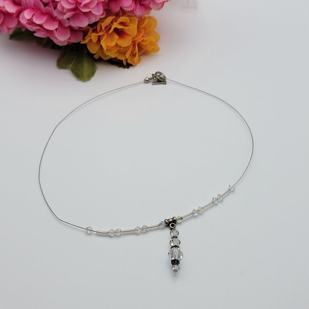 925 Sterling Silver Clear Crystal Pendant Wire Choker Necklace 17"